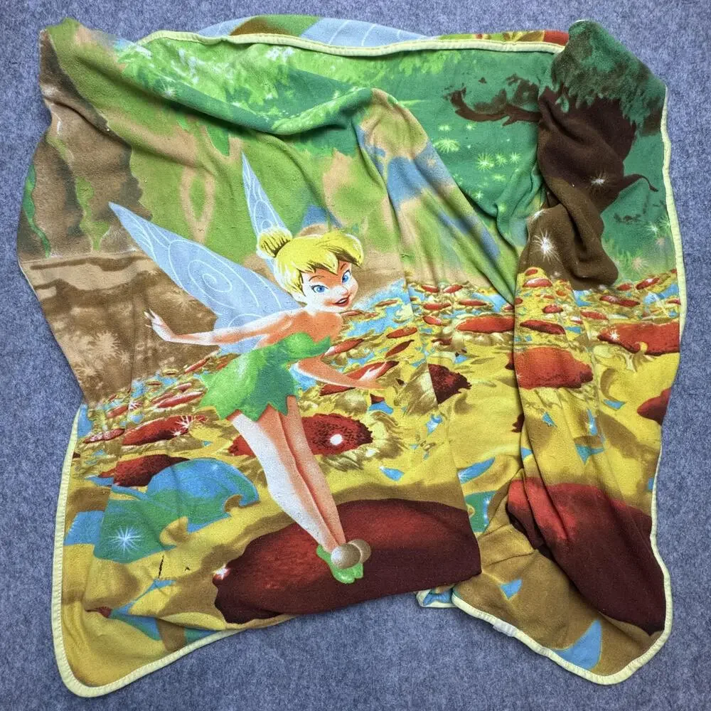VTG Disney Tinker Bell Throw Blanket 40x50 Fleece Kids Disney Fairies Multicolor